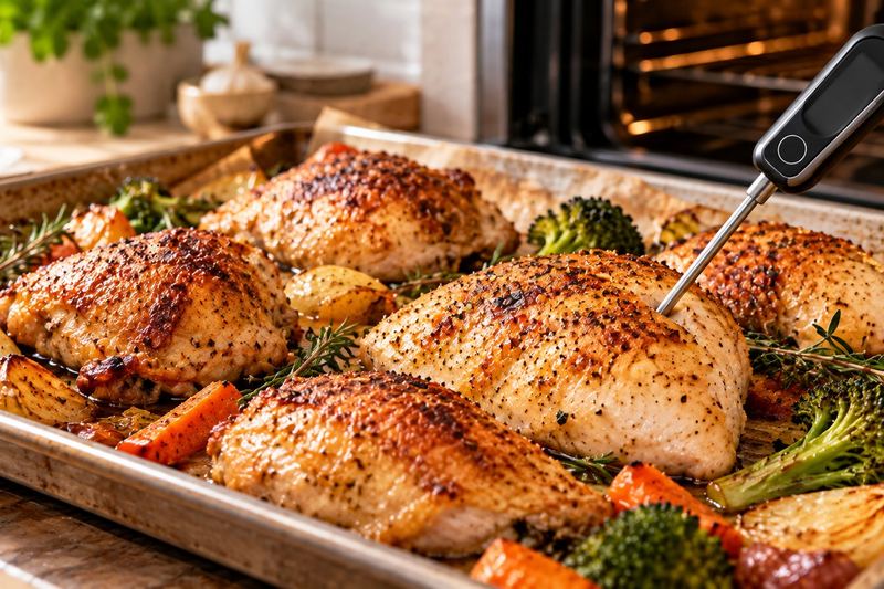 A sheet pan of golden roasted chicken pieces and vegetables fresh from the oven, with an instant-read thermometer in the thickest piece.