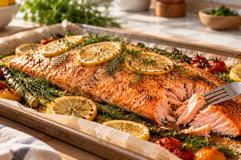 A baked salmon fillet with lemon slices and dill on a parchment-lined sheet pan, flaked open with a fork.