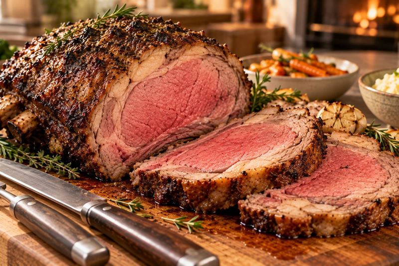 A bone-in prime rib roast with a browned herb crust, partly carved to show a rosy pink center, with a carving knife and fork.