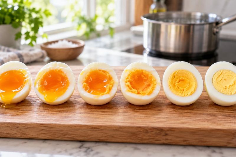 Six halved boiled eggs on a wooden board, yolks ranging from runny to jammy to fully hard-cooked, with a saucepan on the stove behind them.