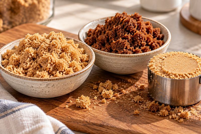 Bowls of light brown sugar and dark brown sugar on a wooden board, with a packed measuring cup of brown sugar.