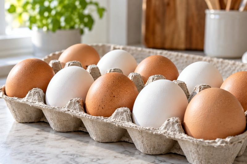 Brown and white chicken eggs mixed together in a cardboard egg carton on a kitchen counter.