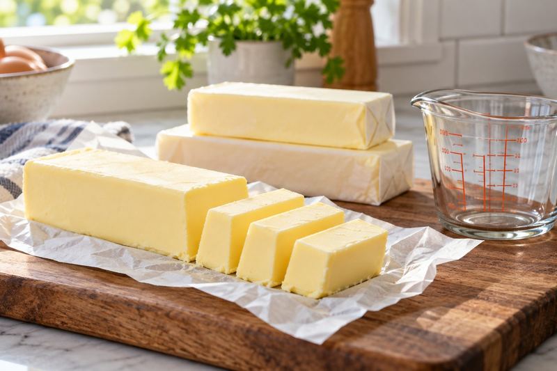 Sticks of butter on a wooden board, one unwrapped and cut into tablespoon-size pieces, next to a glass measuring cup.