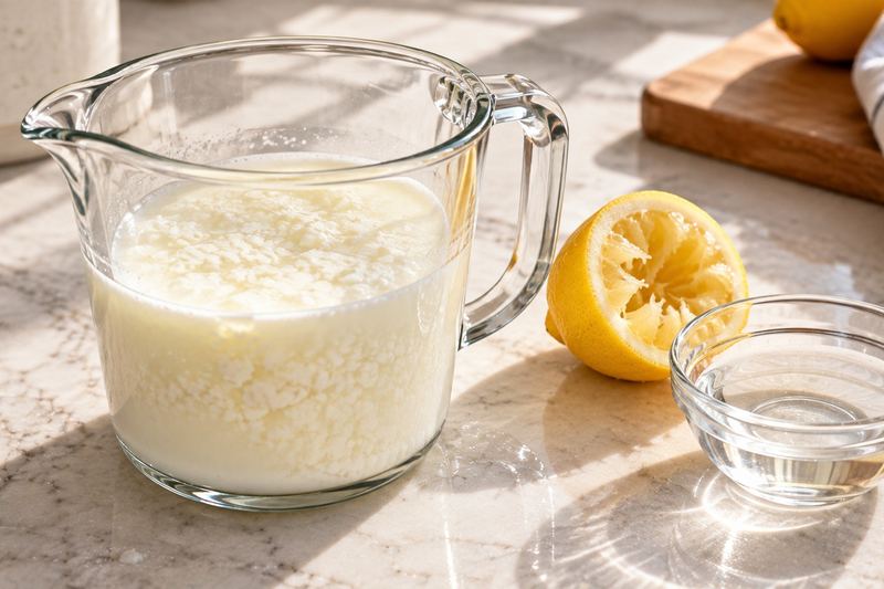 A glass measuring cup of milk curdled with lemon juice to make buttermilk, beside a squeezed lemon and a small bowl of vinegar.