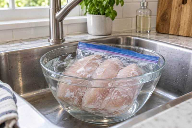 A sealed bag of frozen meat submerged in a bowl of cold water in a kitchen sink.