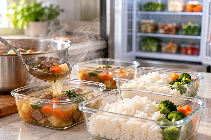 Soup and rice divided into shallow glass containers on a kitchen counter to cool quickly, with an open refrigerator behind.