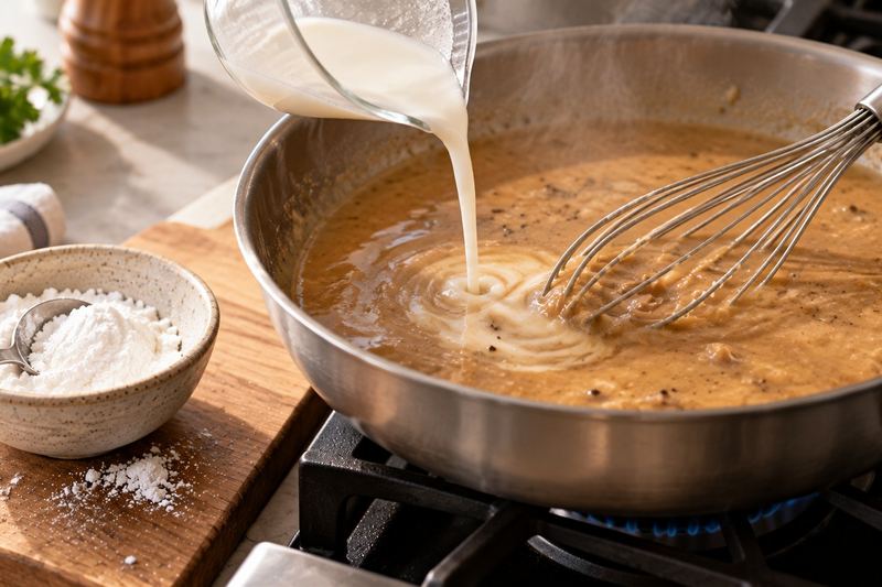 Cornstarch slurry being poured into a simmering pan of gravy while it is whisked, with a bowl of cornstarch beside it.