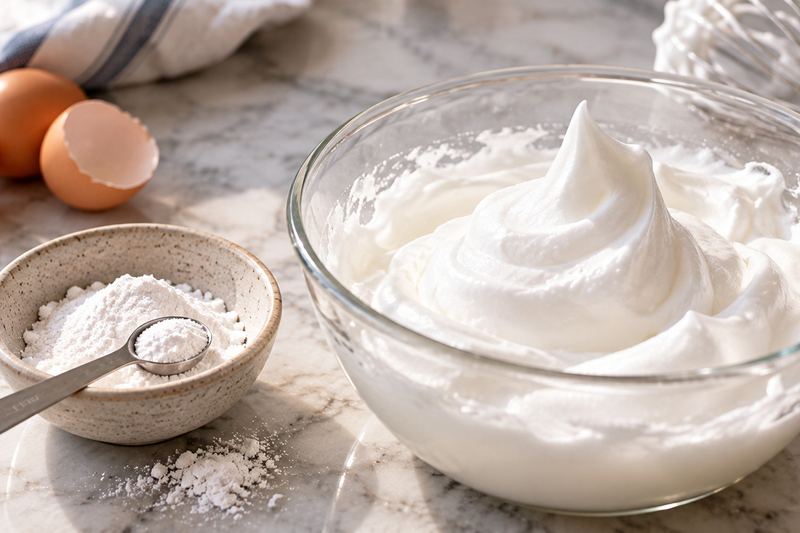 A small bowl of white cream of tartar powder with a measuring spoon, beside a glass bowl of egg whites whipped to stiff peaks.