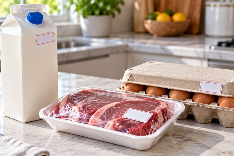 A milk carton, a tray of packaged raw beef and an egg carton on a kitchen counter, each with a blank date label.
