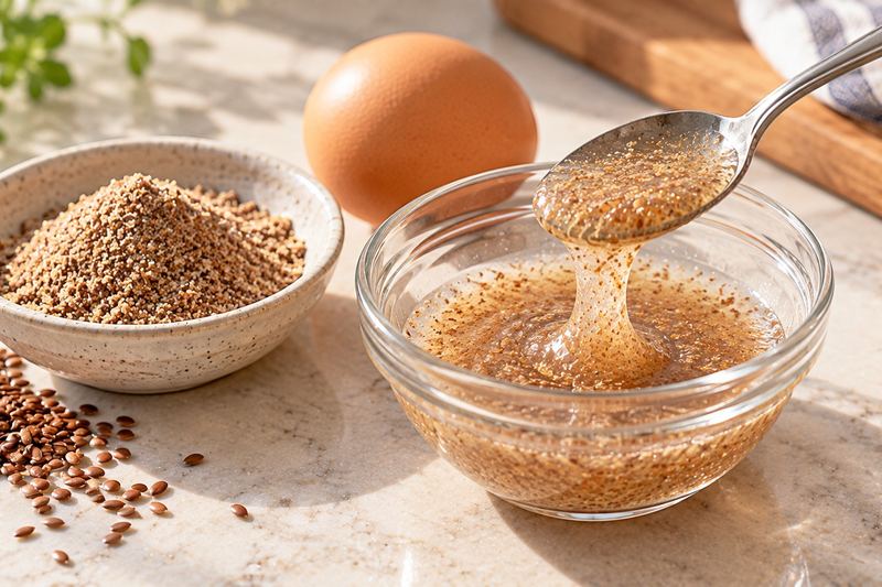 A spoon lifting gel-like flax egg from a glass bowl, beside a dish of ground flaxseed and a whole egg.