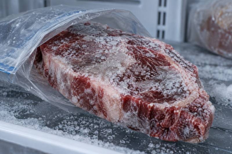 A frozen cut of meat with dry, grayish-white freezer burn patches on its surface.