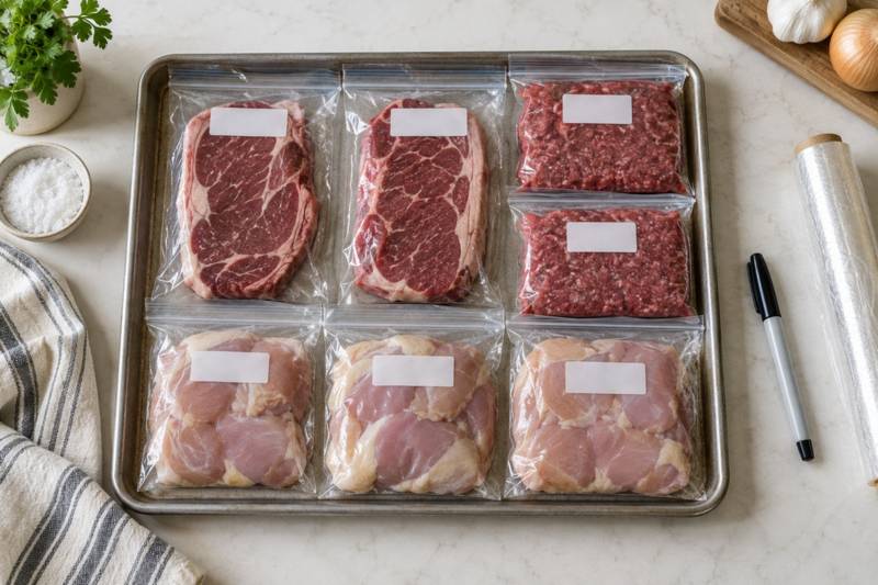 Portions of raw meat sealed flat in labeled, dated freezer bags.