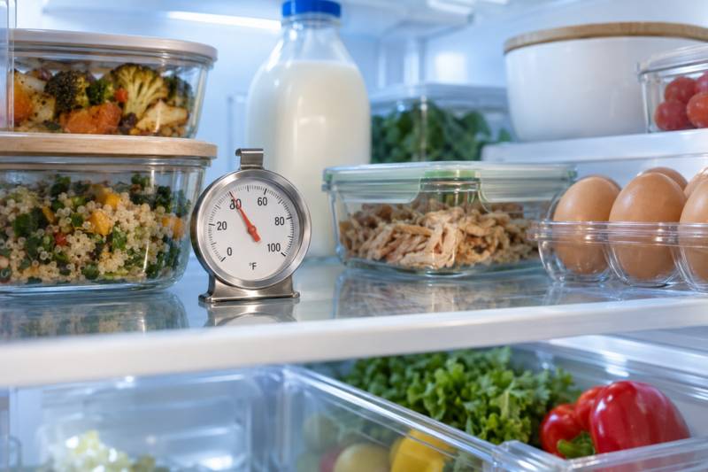An appliance thermometer on a refrigerator shelf reading below 40°F.