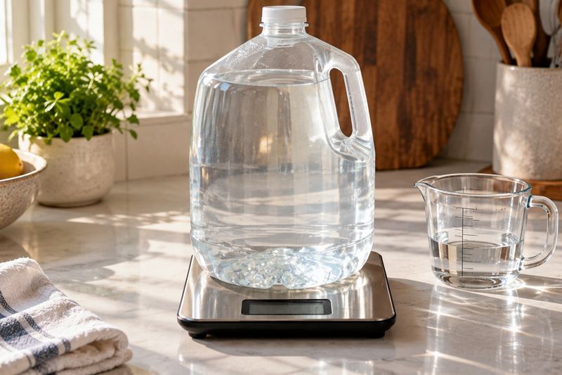 A one-gallon jug of water standing on a digital kitchen scale next to a glass measuring cup.