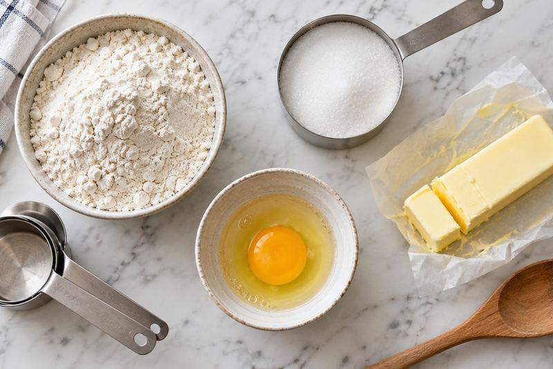 Top-down view of a bowl of flour, a measuring cup of sugar, a cracked egg in a bowl and a partly used stick of butter.