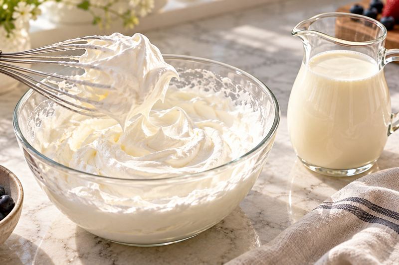 A glass bowl of freshly whipped cream with a whisk, next to a glass pitcher of heavy cream.