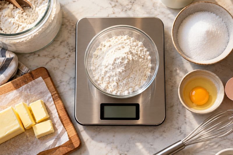 A digital kitchen scale holding a bowl of flour, surrounded by butter, sugar and eggs on a marble counter.