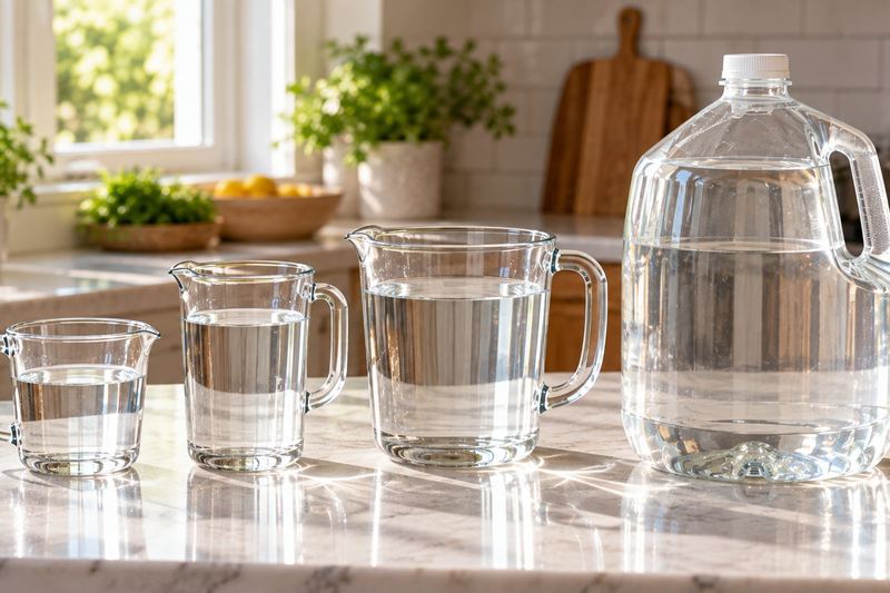 Clear liquid measuring containers filled with water in increasing sizes, from a cup and pint to a quart and a gallon jug.