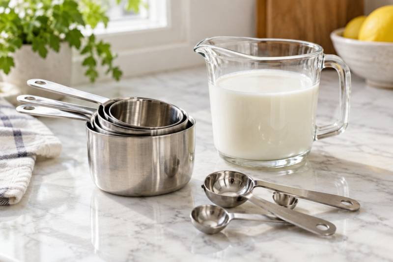 A nested set of dry measuring cups beside a clear glass liquid measuring cup with a spout.