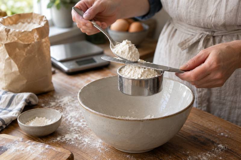 Flour being spooned into a dry measuring cup and leveled with the back of a knife.
