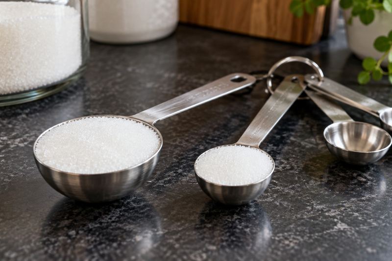 Stainless-steel measuring spoons on a dark counter, with a level tablespoon and a level teaspoon of sugar.