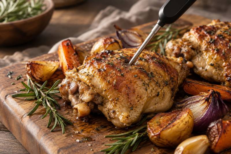 A digital meat thermometer inserted into the thickest part of a cooked roast.
