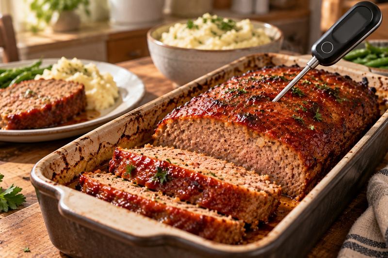 A glazed meatloaf in a baking dish with several slices cut and an instant-read thermometer in the center.
