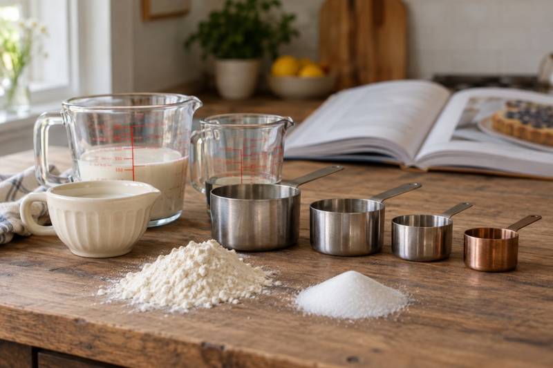 Measuring cups marked in both US cups and milliliters on a kitchen counter.