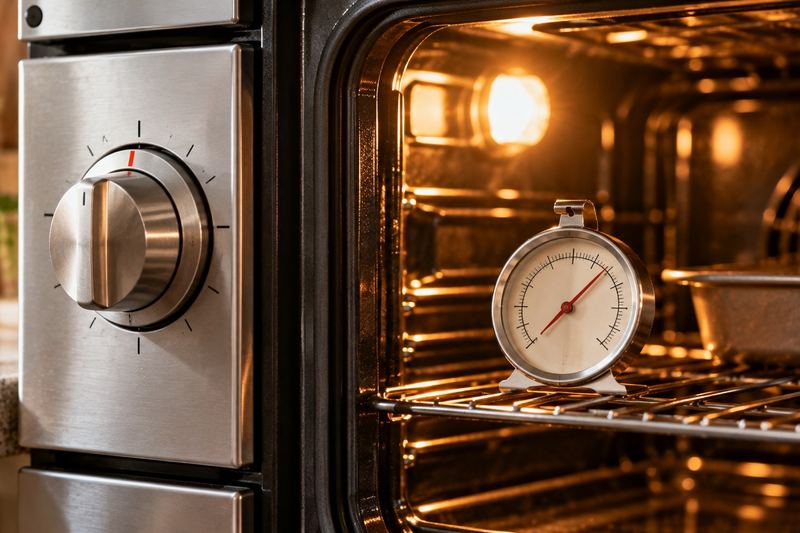 A stainless-steel oven temperature knob beside an open, glowing oven with a dial oven thermometer hanging on the rack.