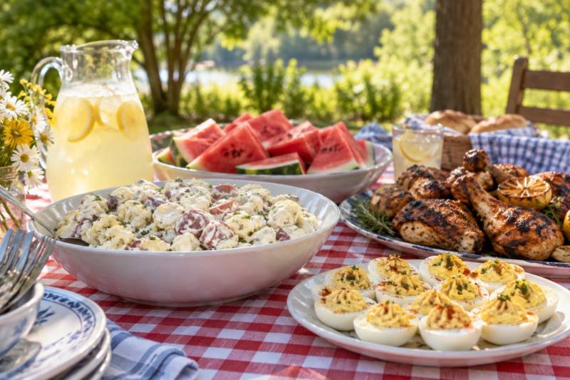 Dishes of food laid out on a picnic table outdoors.