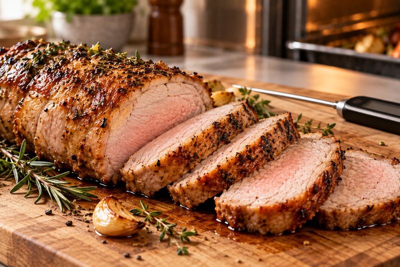 A sliced roast pork loin on a cutting board showing a juicy, faintly pink center, with a probe thermometer beside it.