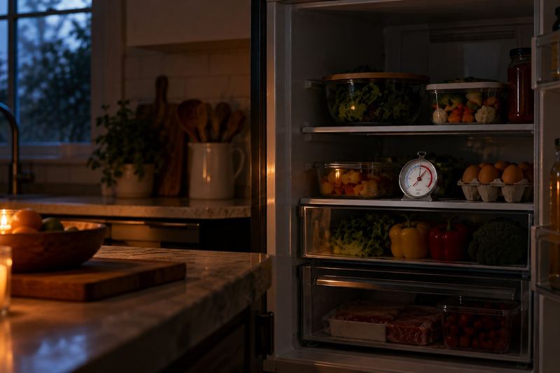 An open refrigerator with its light off in a dark kitchen during a power outage, lit by candles, with a dial thermometer on a shelf.