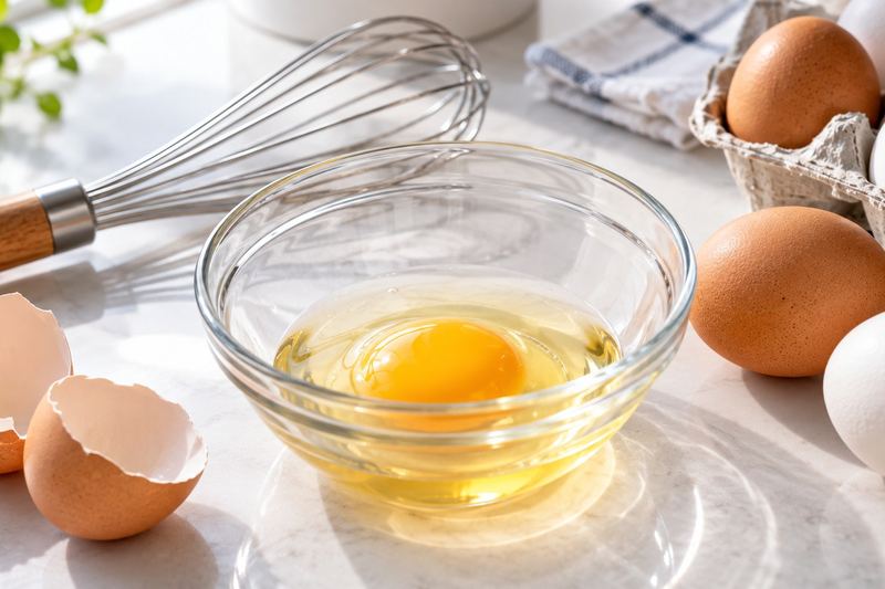 A raw egg cracked into a small glass bowl next to the broken shell, a whisk and a carton of brown and white eggs.