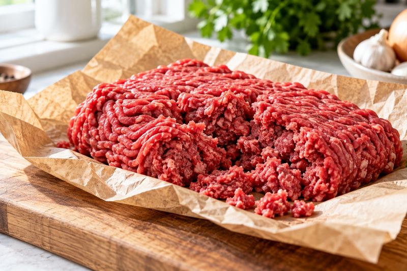 Fresh raw ground beef on butcher paper on a cutting board, bright red on the surface where it was exposed to air.