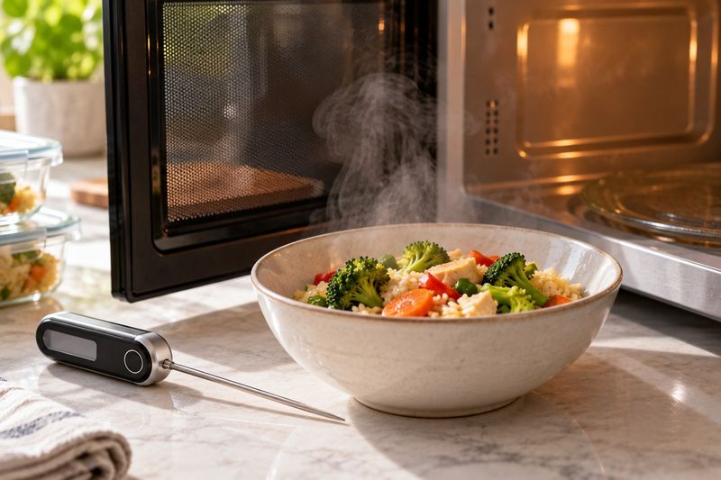 A steaming bowl of leftover rice and vegetables in front of an open microwave, with a digital food thermometer beside it.