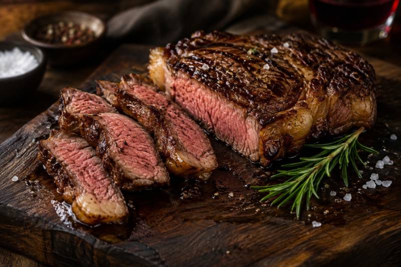 A seared steak resting on a cutting board before it is sliced.