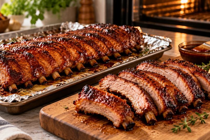 Glazed oven-baked pork ribs on a foil-lined sheet pan, with a rack sliced into individual ribs on a wooden board.