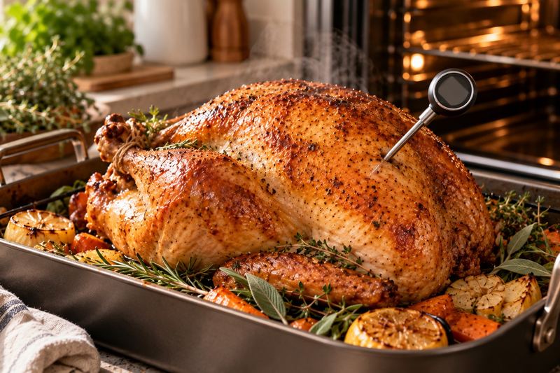 A whole golden roast turkey in a roasting pan with vegetables and herbs, a probe thermometer inserted in the thigh.