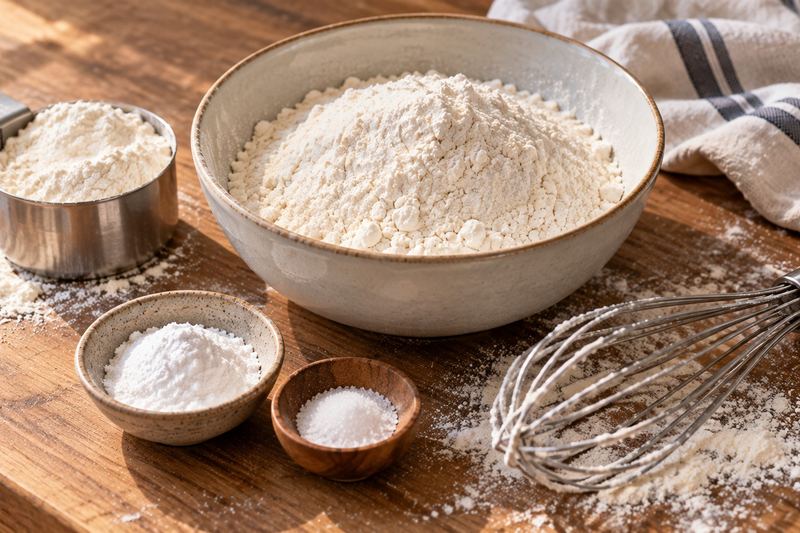 A bowl of flour with small dishes of baking powder and salt, a measuring cup and a whisk on a flour-dusted wooden counter.