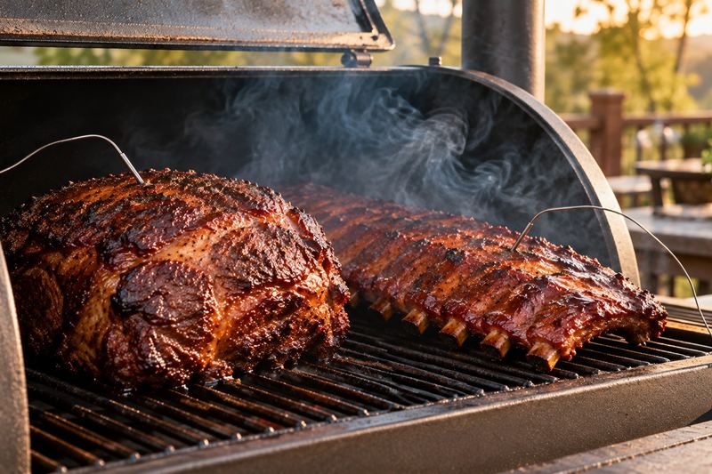 A pork shoulder with dark bark and a rack of ribs on the grate of a backyard smoker, smoke rising and a probe wire in the meat.