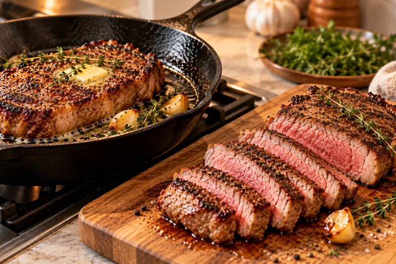 A thick steak searing in a cast-iron skillet with butter, garlic and thyme, next to a sliced steak with an even pink center.