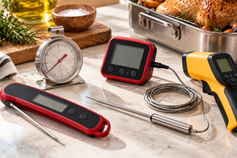 Kitchen thermometers on a counter: a digital instant-read, a dial oven-safe thermometer, a leave-in probe with a cable and an infrared thermometer.