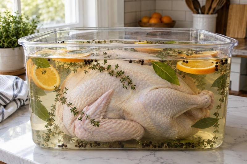 A raw whole turkey submerged in salt-water brine in a large container.